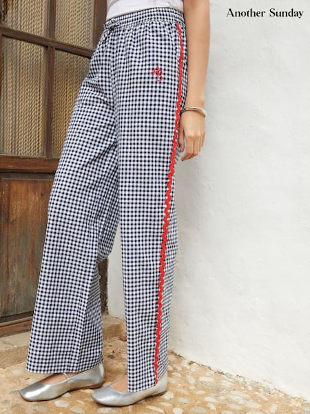 Another Sunday Navy Gingham 100% Cotton Elasticated Waist Ric Rac Wide Leg Trousers (H21205) | ₪201