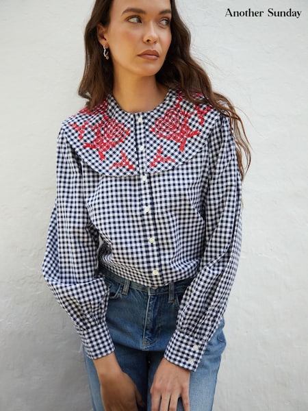 Another Sunday Navy Gingham Oversized Button Through Embroidered Collared 100% Cotton Blouse (H21218) | AZN 100