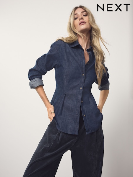 Rinse Blue Cinch Waist Fitted Long Sleeve Denim Shirt (H21246) | 153 QAR