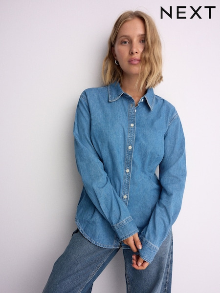 Mid Blue Fuller Bust Cinch Waist Fitted Denim Shirt (H21254) | €36