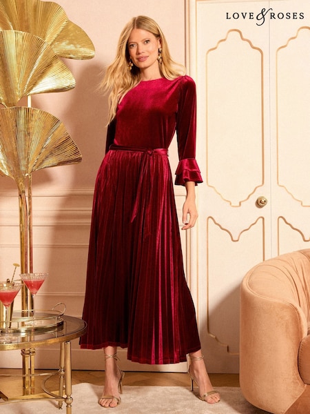 Love & Roses Red Velvet Flute Sleeve Midi Dress (H21297) | €82