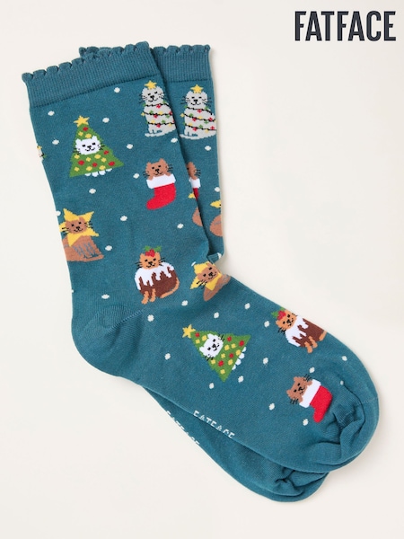 FatFace Teal Blue Cat Tree Socks (H21466) | 37 QAR