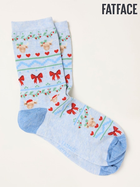 FatFace Light Blue Fairisle Highland Cow Socks (H21471) | €11