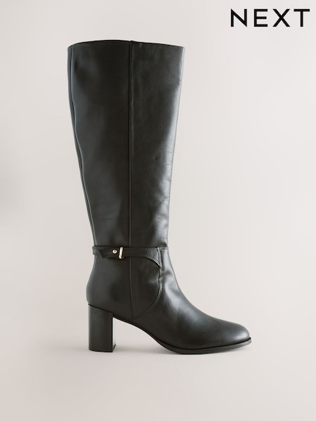 Black Leather Forever Comfort® Hardware Trim Knee High Boots (H21517) | 444 QAR