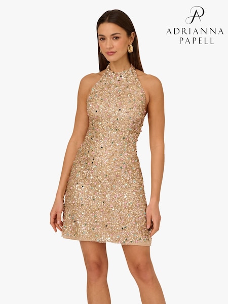 Adrianna Papell Pink Beaded Halter Short Dress (H21558) | €370
