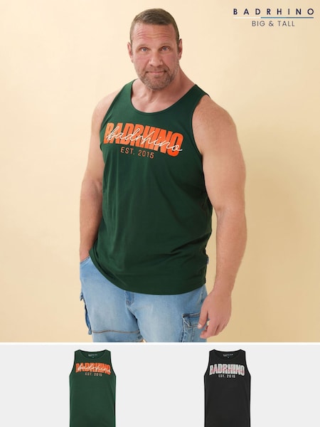 BadRhino Big & Tall Green Slogan 100% Cotton Vests 2 Pack (H21564) | 129 QAR