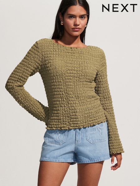Khaki Green Long Sleeve Textured Top (H21623) | R$ 295