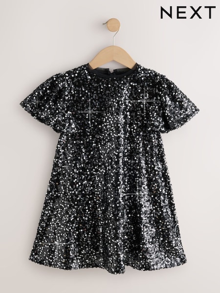 Black Angel Sleeve Sequin Party Dress (3-16yrs) (H21625) | AED112 - AED142