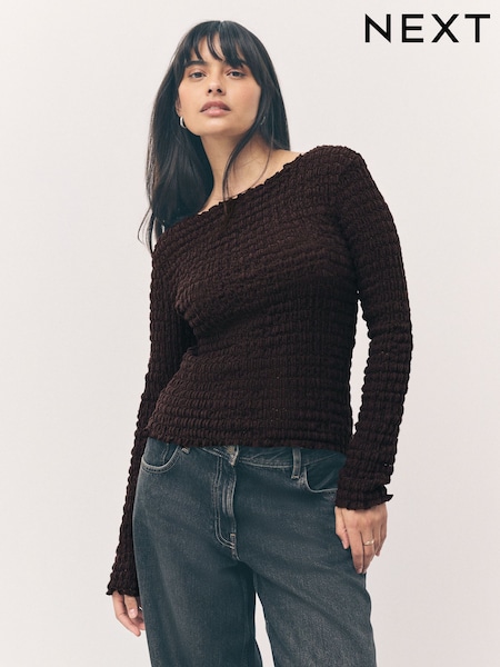 Chocolate marrom - Long Sleeve Textured Top (H21626) | R$ 295