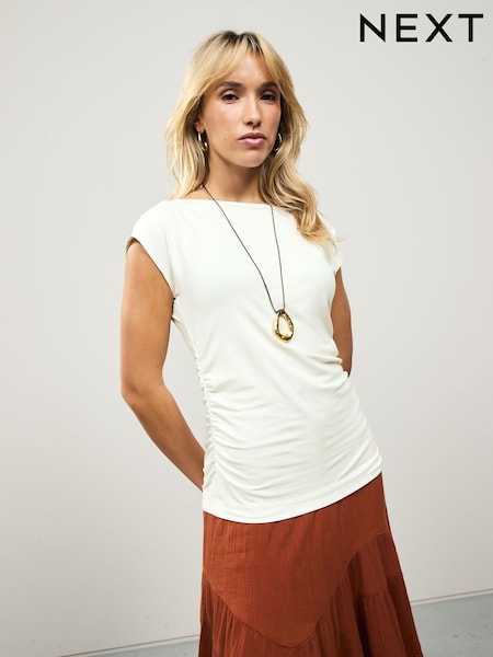 Ecru Short Sleeve Ruched Detail Jersey T-Shirt (H21638) | R$ 210
