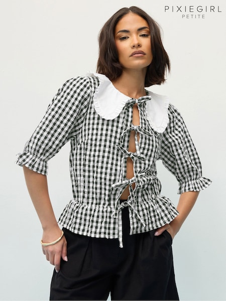 PixieGirl Petite Black 100% Cotton Gingham Collar Tie Front Top (H21653) | R$ 305