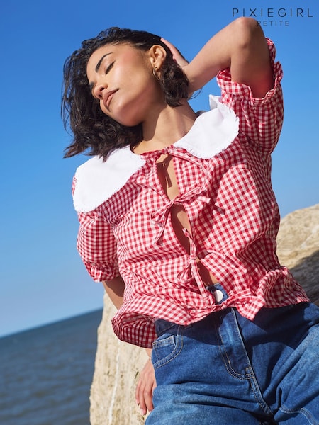 PixieGirl Petite Red 100% Cotton Gingham Collar Tie Front Top (H21655) | R$ 305