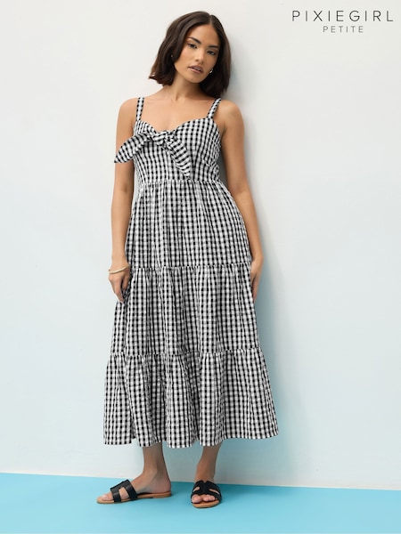 PixieGirl Petite Black Gingham Tie Front 100% Cotton Maxi Dress (H21656) | R$ 385