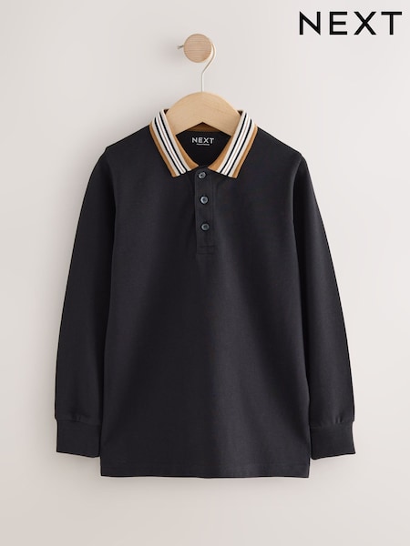Black/Tan Stripe Tipped Collar Long Sleeve Polo Shirt (3-16yrs) (H21736) | €12 - €18