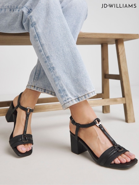 JD Williams Black Extra Wide Fit Low Block Heels T Bar Sandals (H21743) | €45