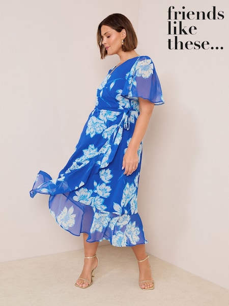 Friends Like These Cobalt Blue Curve Chiffon Mix Flutter Sleeve Wrap Dress (H21764) | €86
