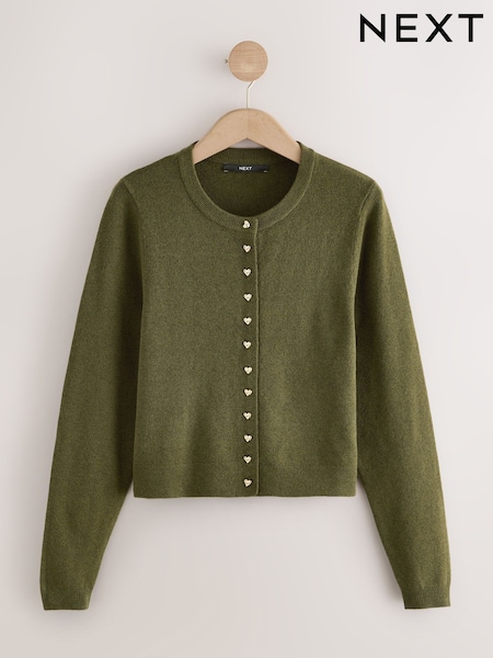 Khaki Green Heart Button Slim Super Soft Crew Neck Cardigan with Wool (H21784) | €33
