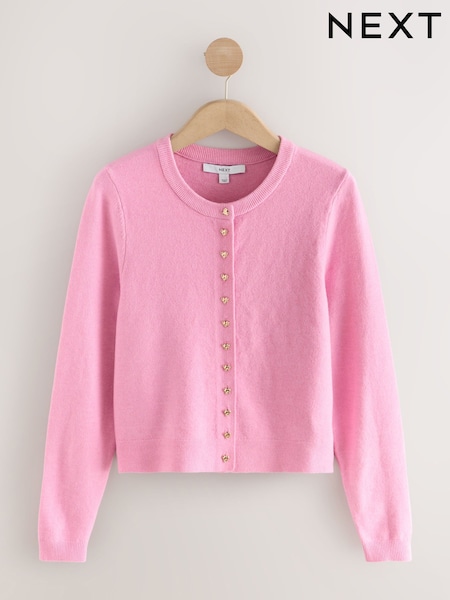 Botão de coração rosa - Slim Super Soft Crew Neck Cardigan with Wool (H21788) | R$ 250