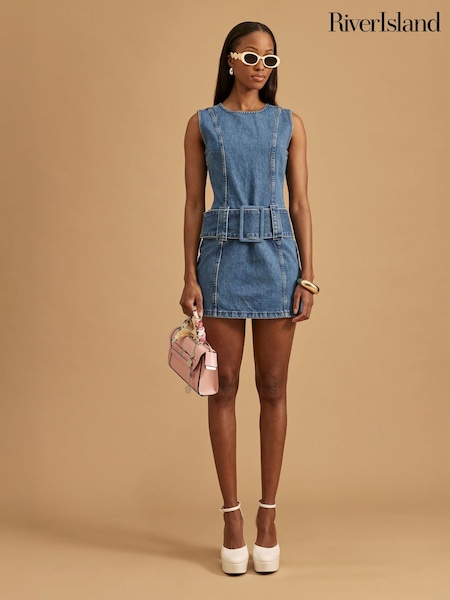 River Island Blue Denim Low Rise Belt 100% Cotton Dress (H21791) | R$ 505