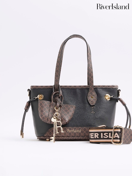 Zwart - River Island Monogram Tie Side Small Shopper Bag (H21804) | € 49