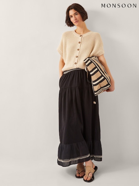 Monsoon Fenn Embroidered Frill Maxi 100% Cotton Skirt (H21815) | ‏246‏₪