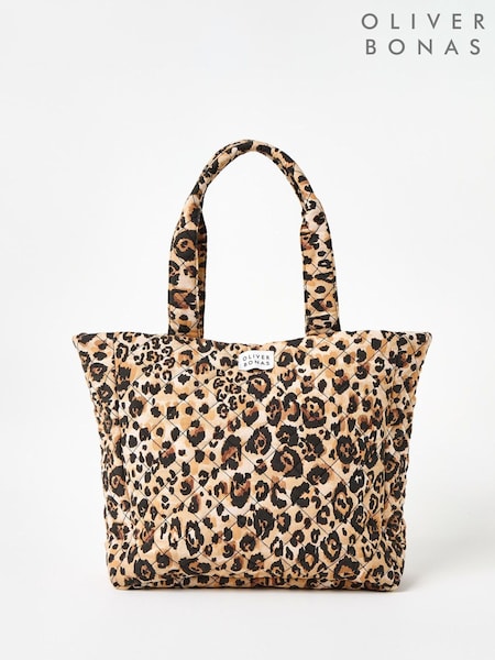 Oliver Bonas Brown Becky Leopard Print Quilted 100% Cotton Tote Bag (H21839) | 228 QAR