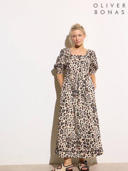 Oliver Bonas Brown Leopard Print Embroidered Puff Sleeve 100% Cotton Midi Dress (H21853) | €109