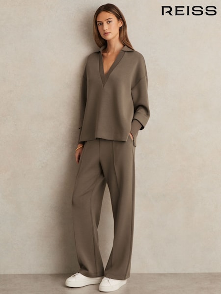 Reiss Khaki Green Jemma Modal-Blend Interlock Wide-Leg Joggers (H21891) | €170