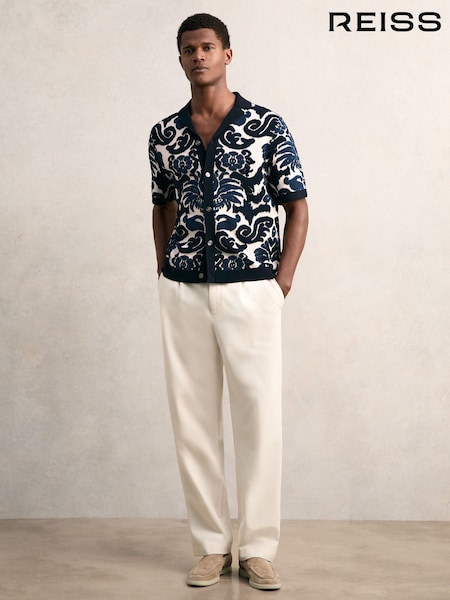 Reiss Navy Blue/White Albert Paisley Jacquard Knit Shirt (H21893) | €195