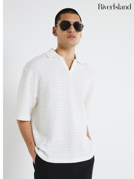 River Island White Open Neck Plisse Polo Shirt (H21902) | 178 QAR