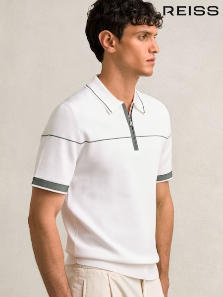 Reiss White/Green Bradford Half Zip Tipped Polo Shirt (H21908) | €170