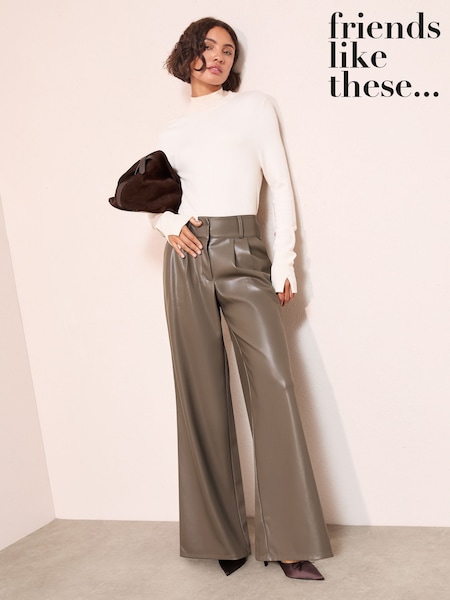 Friends Like These Chocolate Brown Faux Leather Pleated Wide Leg Trousers (H21919) | €56