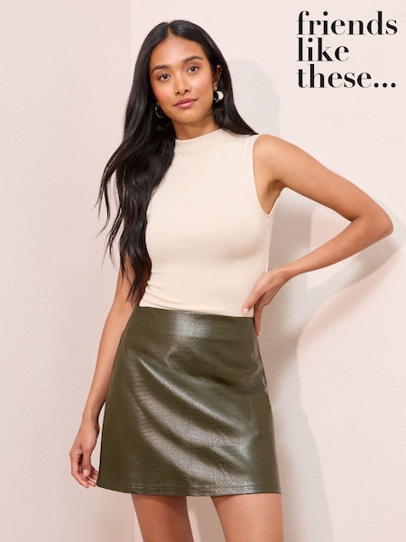 Friends Like These Khaki Green Faux Leather Mini Skirt (H21926) | €51