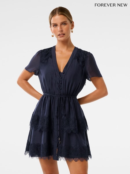 Forever New Blue Petite Mini Emmy Lace Trim Dress with a Touch of Linen (H21936) | €154