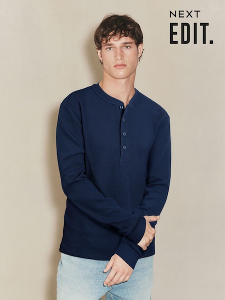 Navy EDIT Long Sleeve Grandad Neck T-Shirt (H21946) | 158 QAR