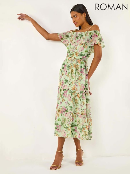 Roman Green Floral Print Bardot Midi Dress (H21955) | AED495