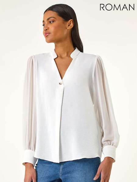 Valkoinen - Roman Chiffon Sleeve V-kaula-aukko Laskostettu/vekki- Top (H21958) | €63