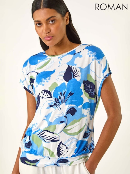 Roman Blue Floral Print Bubble Hem T-Shirt (H21965) | ₪226