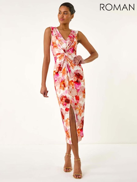 Roman Pink Floral Print Twist Front Midi Dress (H21966) | €79