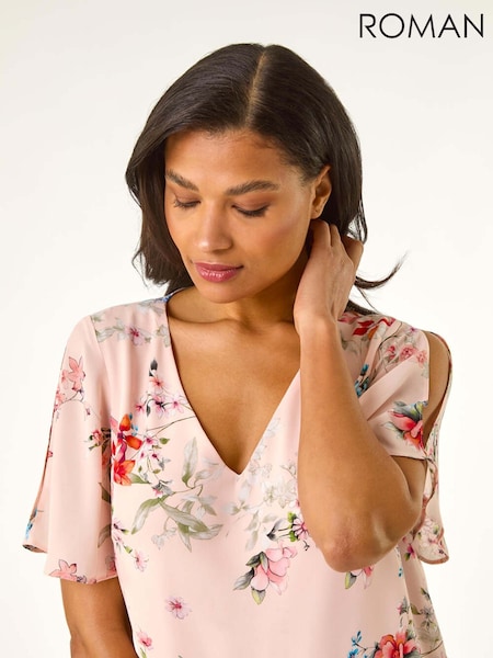 Roman Pink Floral Print Angel Sleeve Blouse (H21967) | €51