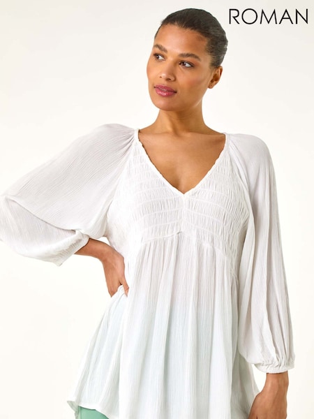 Valkoinen - Roman Shirred V-Neck Top (H21970) | €50
