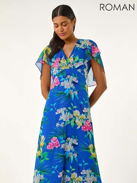 Roman Blue Floral Print Chiffon Back Cape Dress (H21971) | €90