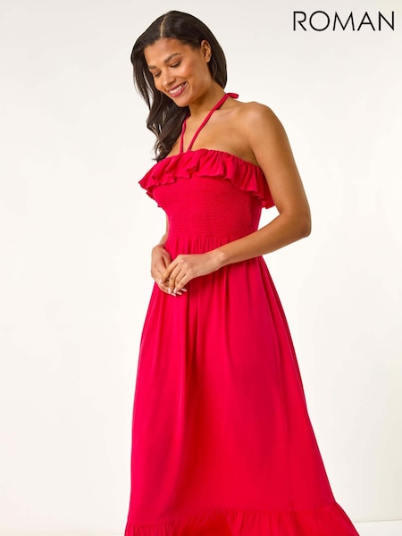 Roman Pink Frill Shirred Bandeau Midi Dress (H21986) | 2,704 UAH