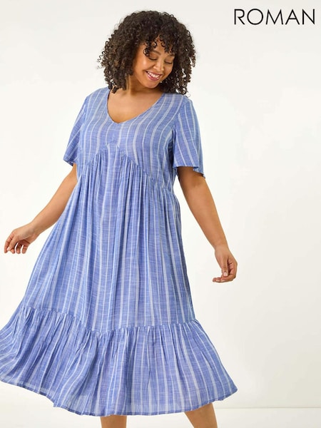 Roman Blue Curve Stripe Print V-Neck Midi Dress (H22037) | €63