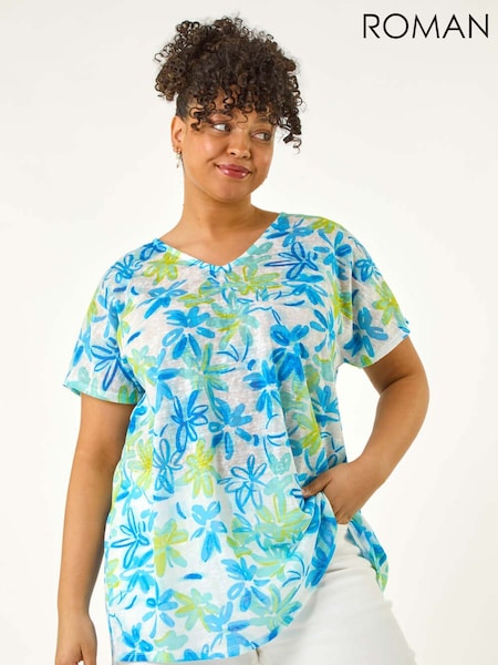 Roman Blue Curve V-Neck Floral Blouse (H22039) | €46