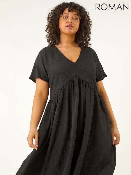 Roman Black Curve Textured Tie Back Stretch Dress (H22041) | €59