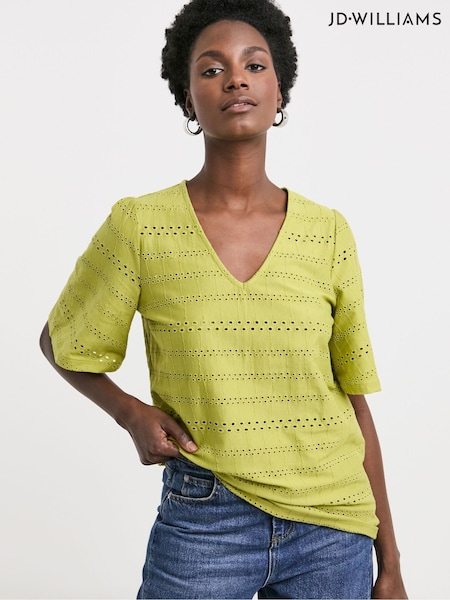 JD Williams Green Angel Sleeve V-Neck Broderie 100% Cotton Top (H22148) | €35