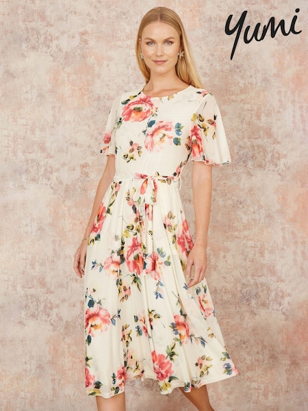 Kermanvaalea - Yumi Mesh Kukallinen Printti; kuvio Midi- Mekko Enkelihihoilla (H22204) | €110