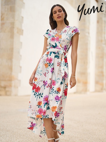 Yumi Cream Flower  Print Wrap Midi Dress (H22205) | 297 QAR
