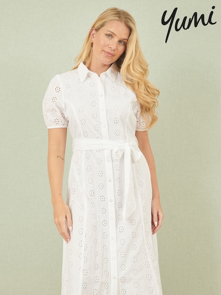 Yumi White 100% Cotton Broderie Anglaise Midi Shirt Dress (H22210) | $122